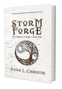 Cover of the Novel Storm Forge White Birch Background with A Windblown Tree Emblem in the Center